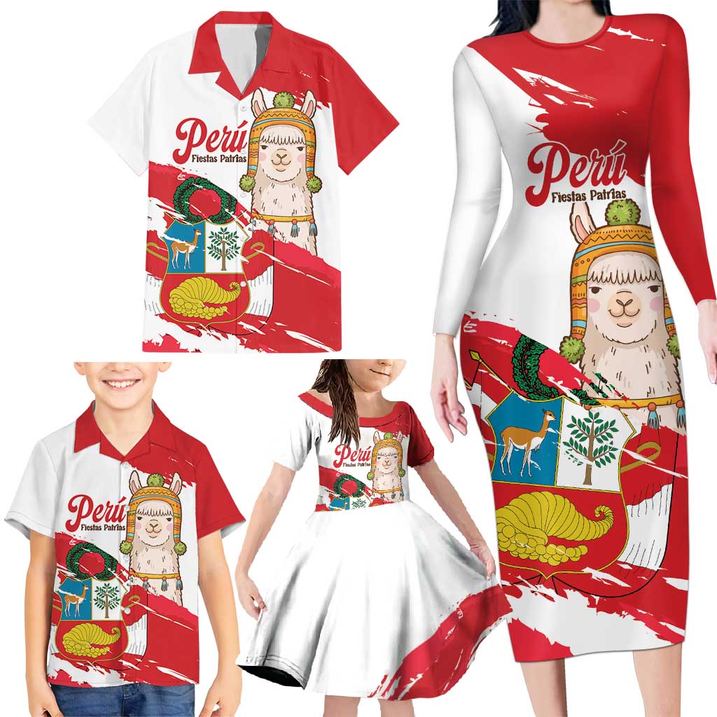 Fiestas Patrias de Peru Family Matching Long Sleeve Bodycon Dress and Hawaiian Shirt Coat Of Arms With Cute Alpaca Face