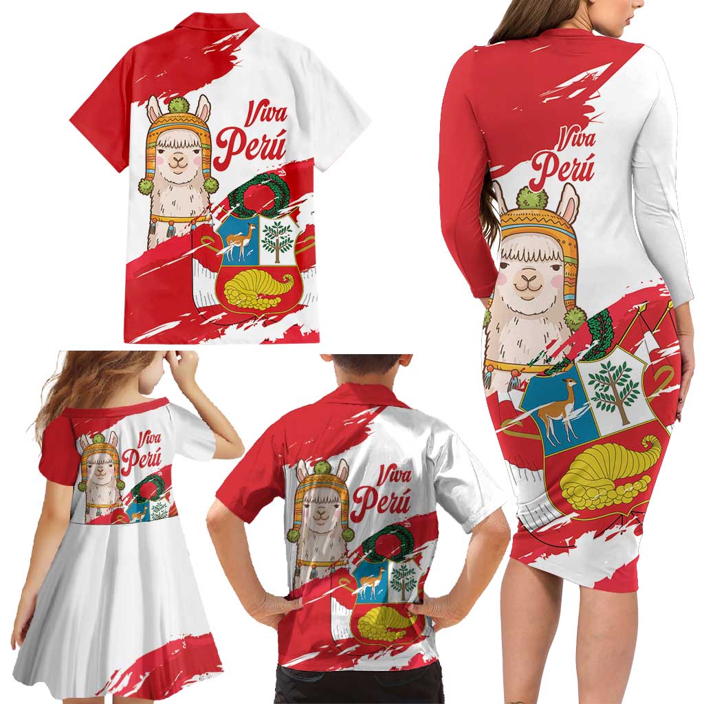Fiestas Patrias de Peru Family Matching Long Sleeve Bodycon Dress and Hawaiian Shirt Coat Of Arms With Cute Alpaca Face