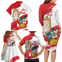 Fiestas Patrias de Peru Family Matching Long Sleeve Bodycon Dress and Hawaiian Shirt Coat Of Arms With Cute Alpaca Face