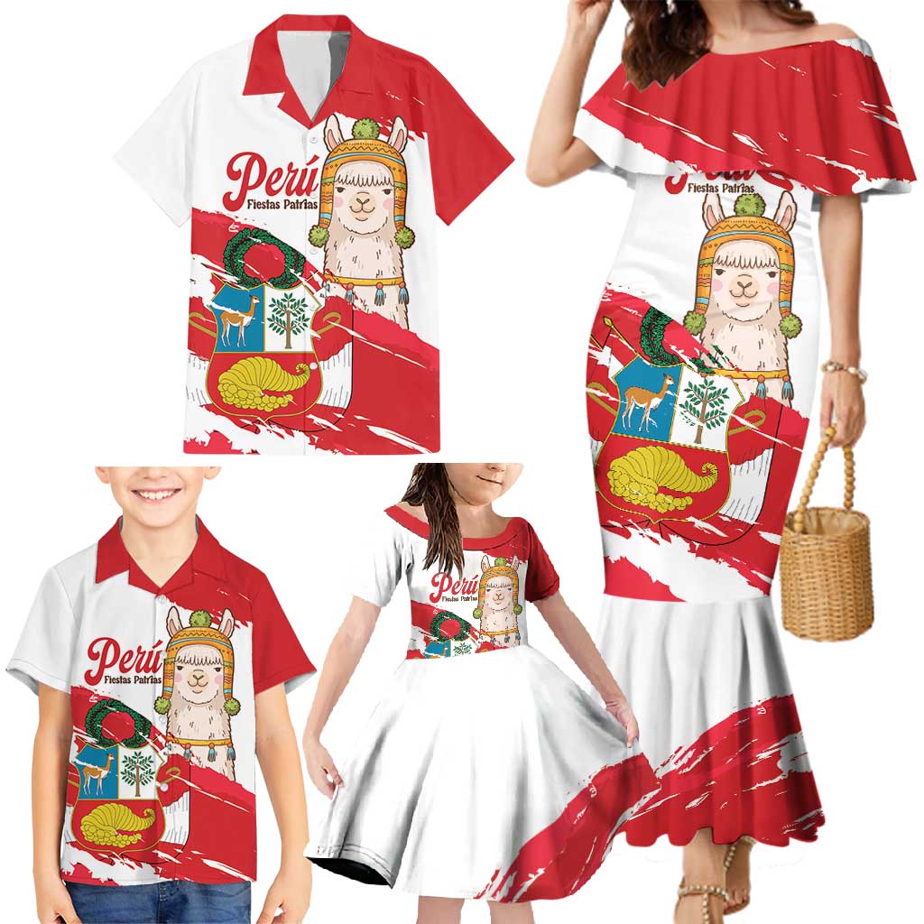 Fiestas Patrias de Peru Family Matching Mermaid Dress and Hawaiian Shirt Coat Of Arms With Cute Alpaca Face