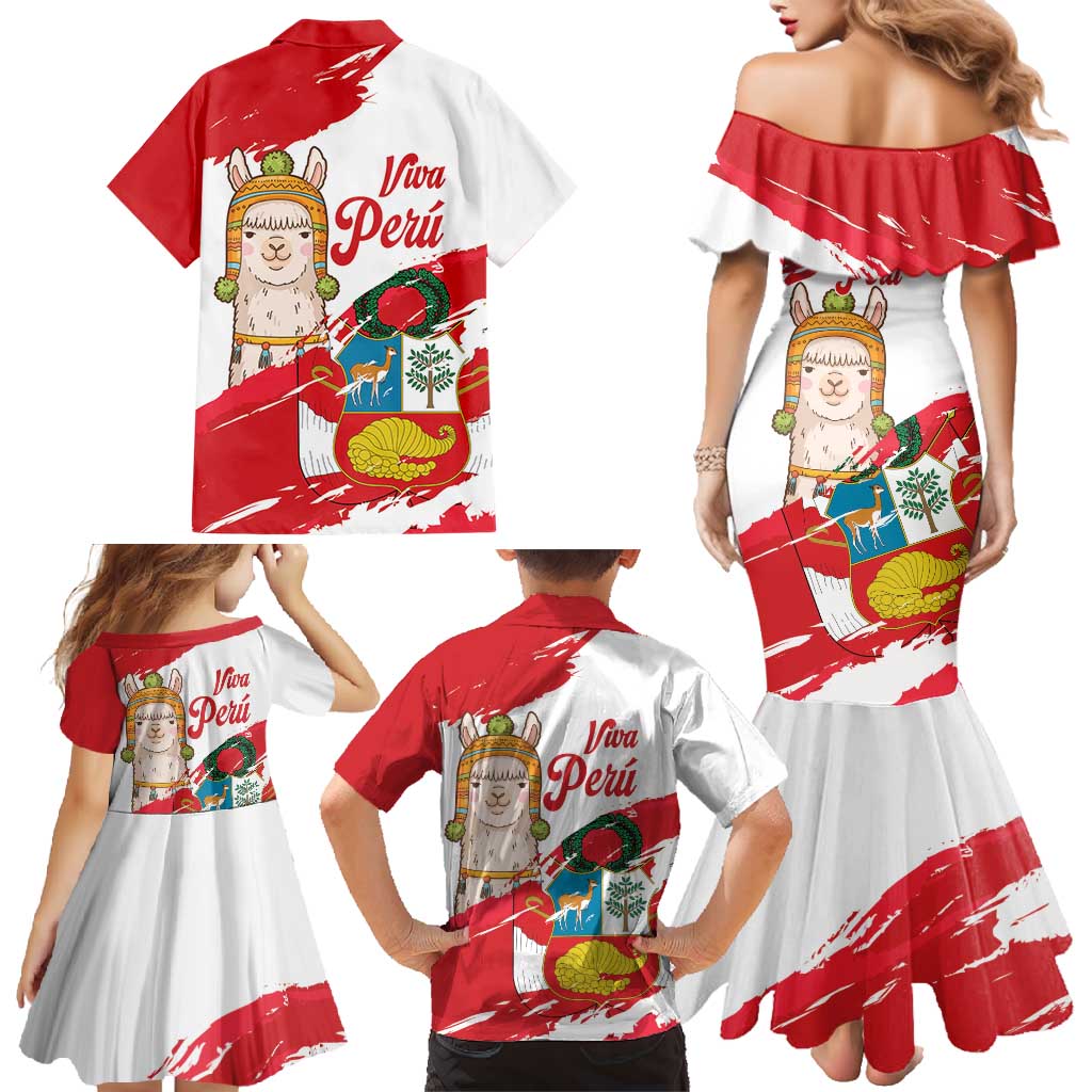 Fiestas Patrias de Peru Family Matching Mermaid Dress and Hawaiian Shirt Coat Of Arms With Cute Alpaca Face