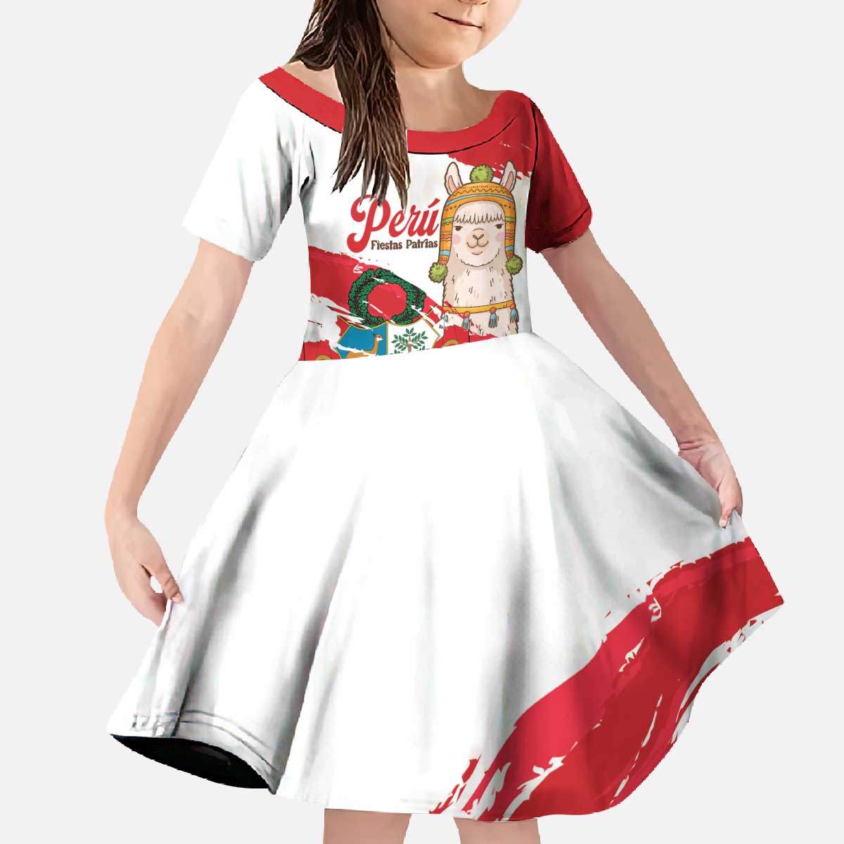 Fiestas Patrias de Peru Family Matching Off The Shoulder Long Sleeve Dress and Hawaiian Shirt Coat Of Arms With Cute Alpaca Face