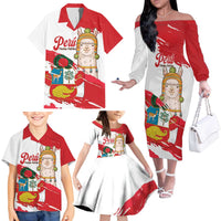 Fiestas Patrias de Peru Family Matching Off The Shoulder Long Sleeve Dress and Hawaiian Shirt Coat Of Arms With Cute Alpaca Face