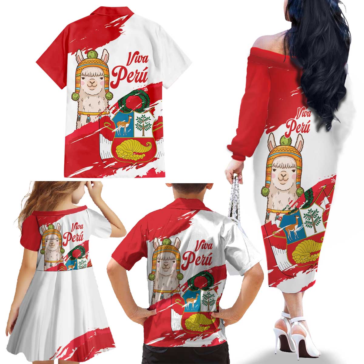 Fiestas Patrias de Peru Family Matching Off The Shoulder Long Sleeve Dress and Hawaiian Shirt Coat Of Arms With Cute Alpaca Face
