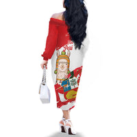 Fiestas Patrias de Peru Family Matching Off The Shoulder Long Sleeve Dress and Hawaiian Shirt Coat Of Arms With Cute Alpaca Face