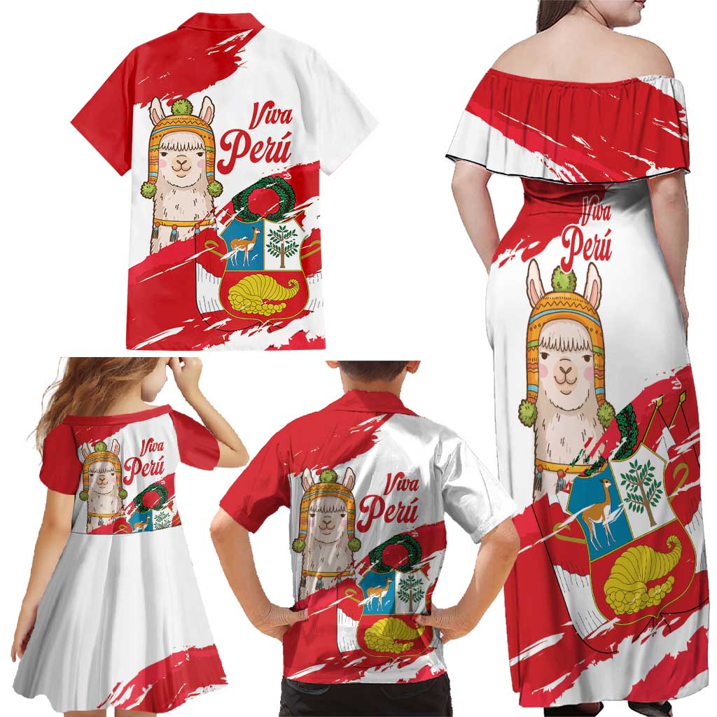 Fiestas Patrias de Peru Family Matching Off Shoulder Maxi Dress and Hawaiian Shirt Coat Of Arms With Cute Alpaca Face