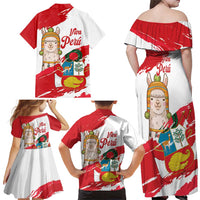 Fiestas Patrias de Peru Family Matching Off Shoulder Maxi Dress and Hawaiian Shirt Coat Of Arms With Cute Alpaca Face