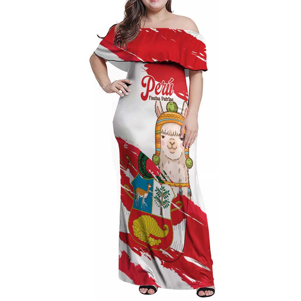 Fiestas Patrias de Peru Family Matching Off Shoulder Maxi Dress and Hawaiian Shirt Coat Of Arms With Cute Alpaca Face