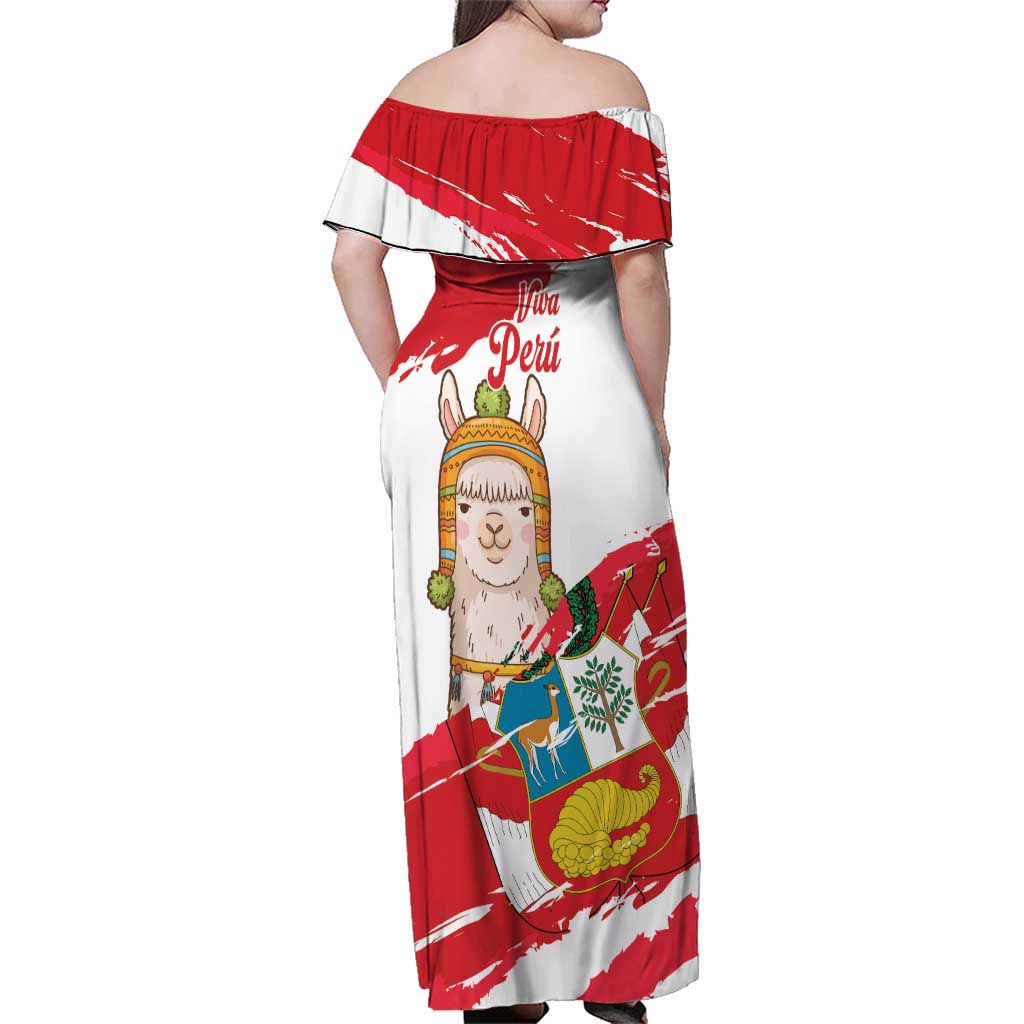 Fiestas Patrias de Peru Family Matching Off Shoulder Maxi Dress and Hawaiian Shirt Coat Of Arms With Cute Alpaca Face