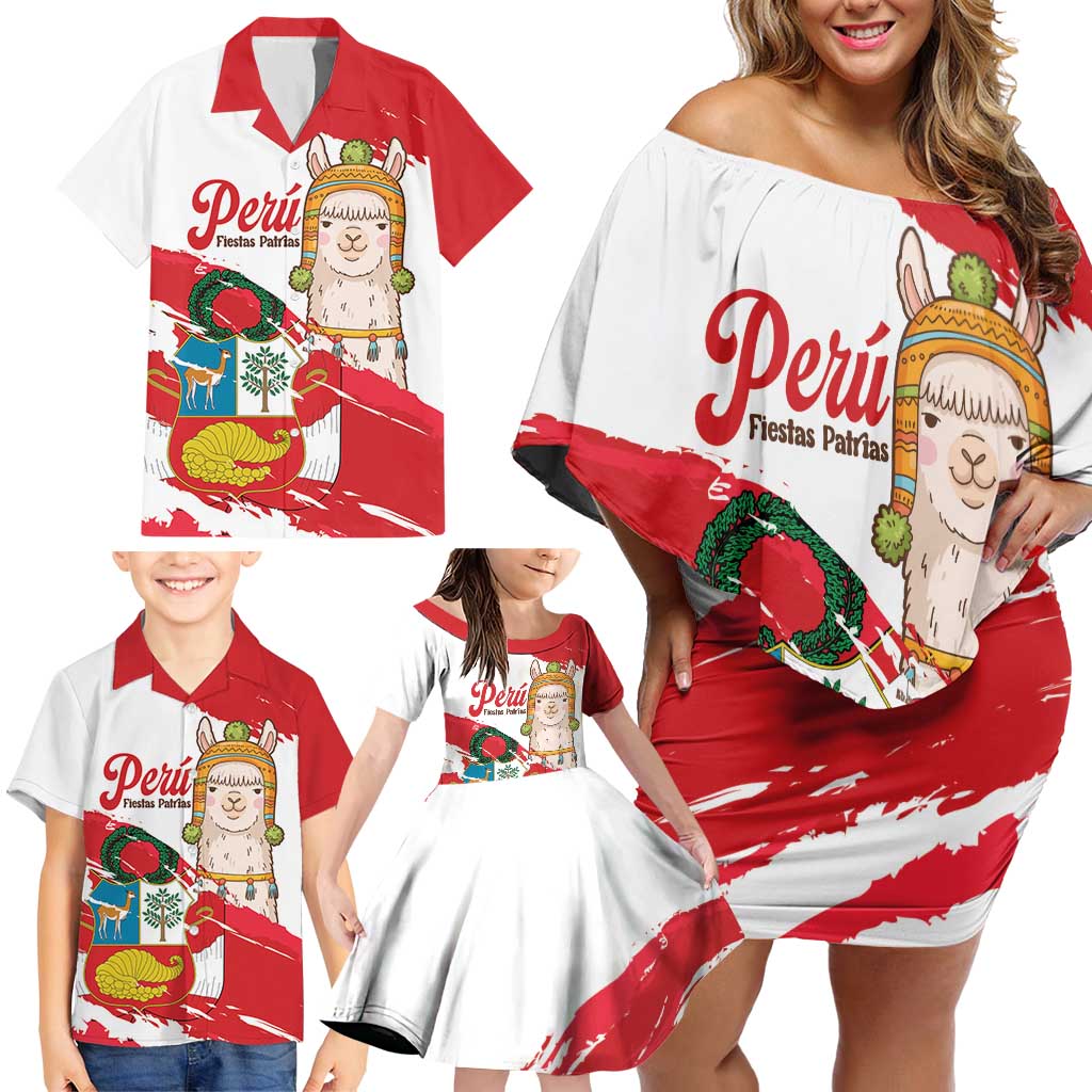 Fiestas Patrias de Peru Family Matching Off Shoulder Short Dress and Hawaiian Shirt Coat Of Arms With Cute Alpaca Face