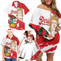 Fiestas Patrias de Peru Family Matching Off Shoulder Short Dress and Hawaiian Shirt Coat Of Arms With Cute Alpaca Face