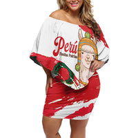 Fiestas Patrias de Peru Family Matching Off Shoulder Short Dress and Hawaiian Shirt Coat Of Arms With Cute Alpaca Face