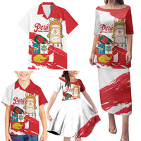 Fiestas Patrias de Peru Family Matching Puletasi and Hawaiian Shirt Coat Of Arms With Cute Alpaca Face