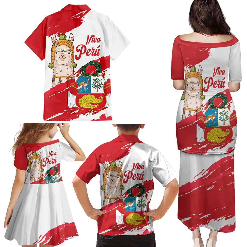 Fiestas Patrias de Peru Family Matching Puletasi and Hawaiian Shirt Coat Of Arms With Cute Alpaca Face