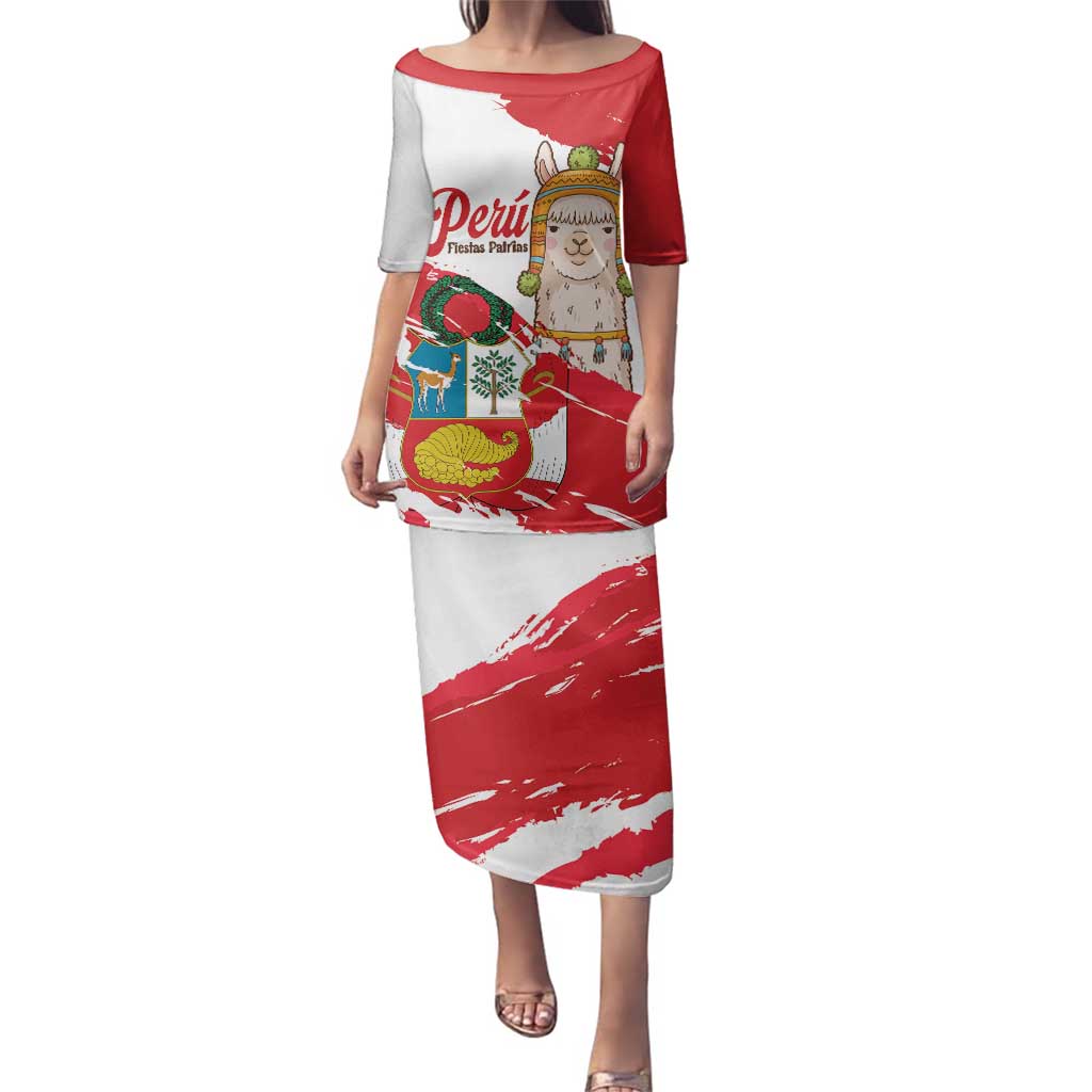 Fiestas Patrias de Peru Family Matching Puletasi and Hawaiian Shirt Coat Of Arms With Cute Alpaca Face