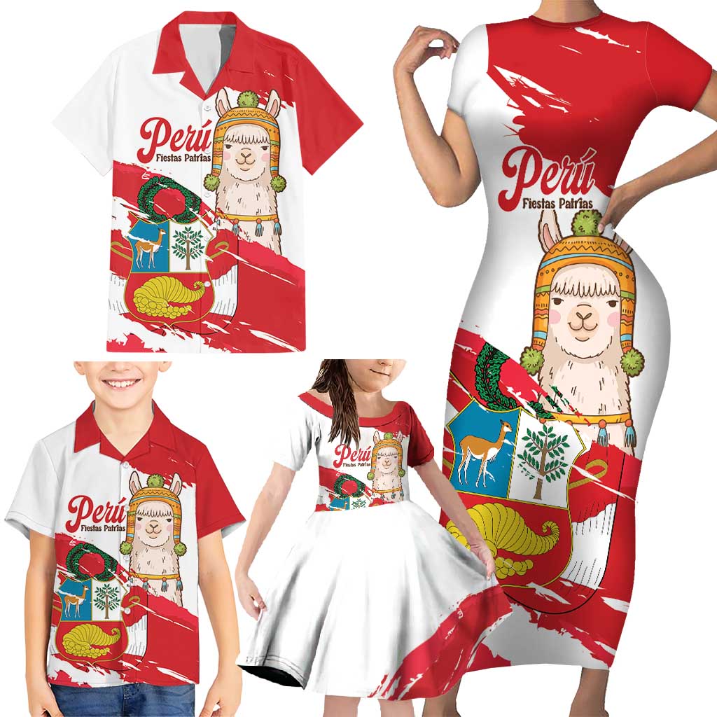Fiestas Patrias de Peru Family Matching Short Sleeve Bodycon Dress and Hawaiian Shirt Coat Of Arms With Cute Alpaca Face