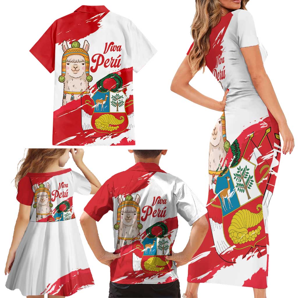 Fiestas Patrias de Peru Family Matching Short Sleeve Bodycon Dress and Hawaiian Shirt Coat Of Arms With Cute Alpaca Face