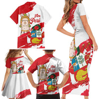 Fiestas Patrias de Peru Family Matching Short Sleeve Bodycon Dress and Hawaiian Shirt Coat Of Arms With Cute Alpaca Face