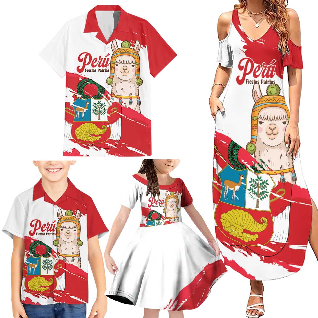 Fiestas Patrias de Peru Family Matching Summer Maxi Dress and Hawaiian Shirt Coat Of Arms With Cute Alpaca Face