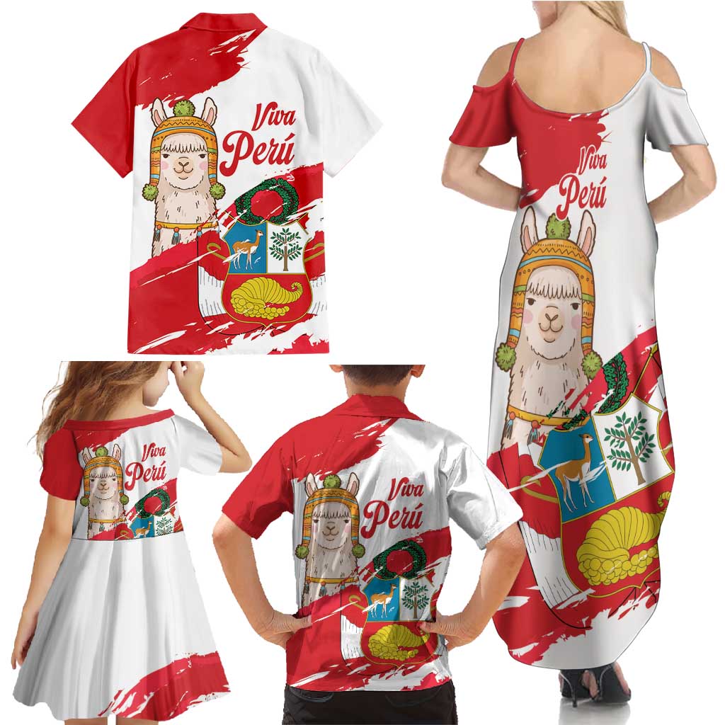 Fiestas Patrias de Peru Family Matching Summer Maxi Dress and Hawaiian Shirt Coat Of Arms With Cute Alpaca Face