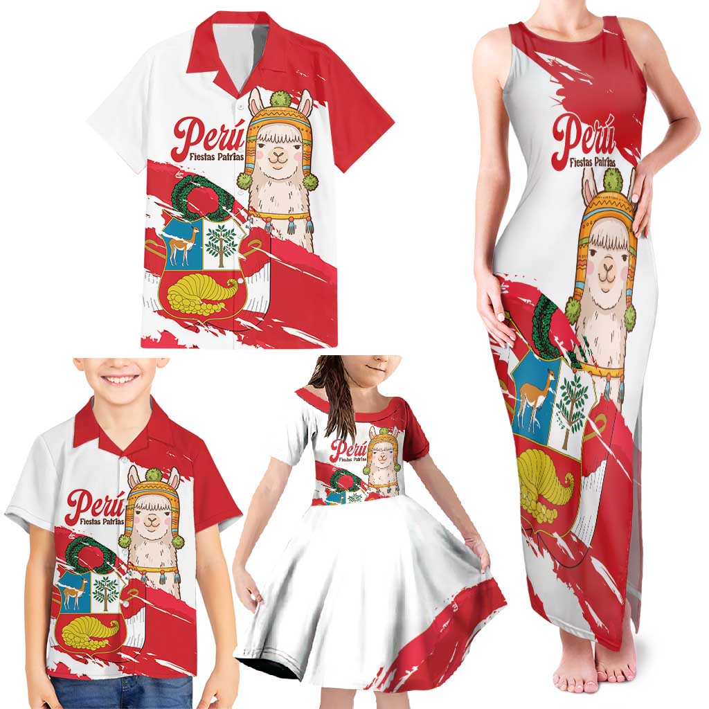 Fiestas Patrias de Peru Family Matching Tank Maxi Dress and Hawaiian Shirt Coat Of Arms With Cute Alpaca Face