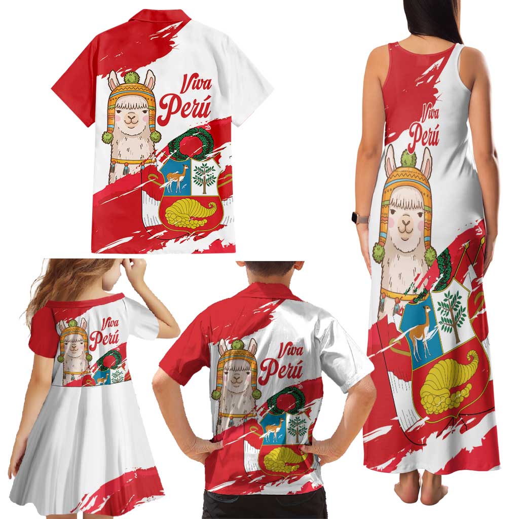Fiestas Patrias de Peru Family Matching Tank Maxi Dress and Hawaiian Shirt Coat Of Arms With Cute Alpaca Face