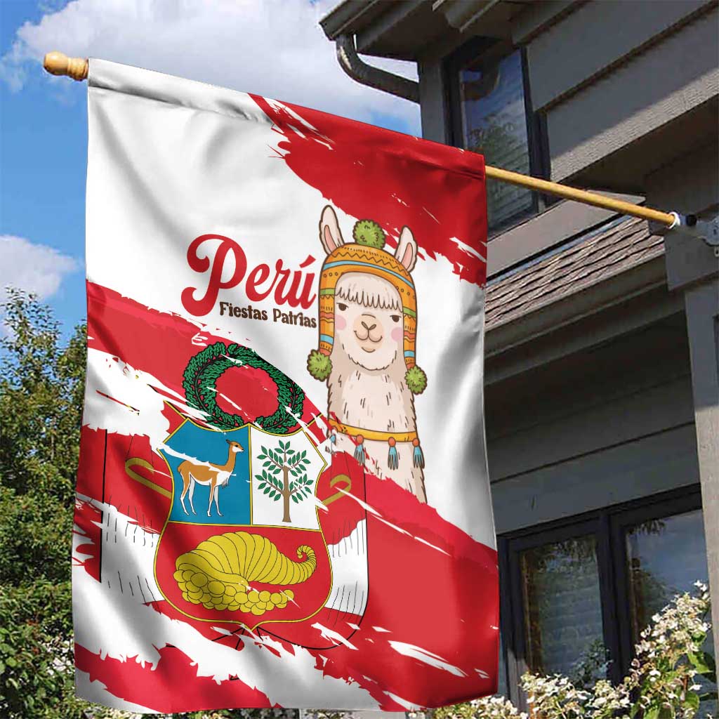 Fiestas Patrias de Peru Garden Flag Coat Of Arms With Cute Alpaca Face