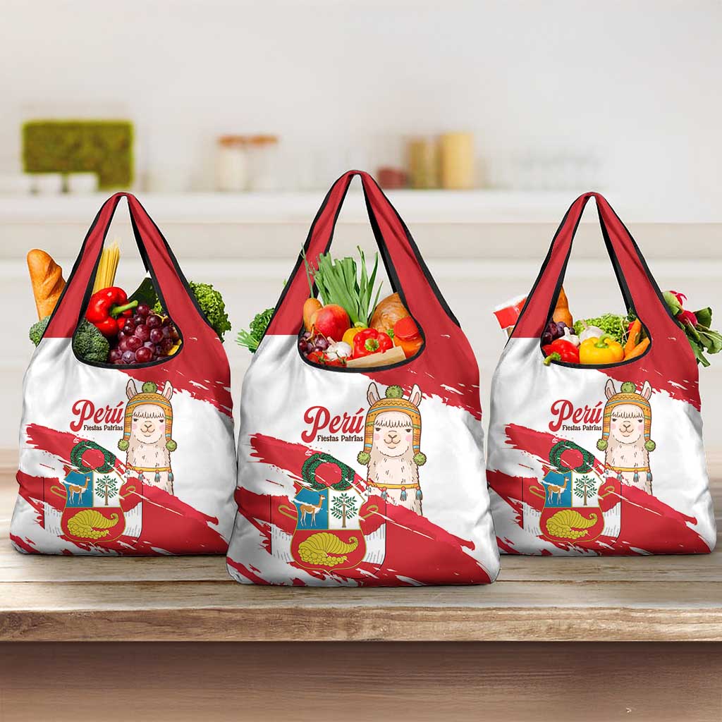 Fiestas Patrias de Peru Grocery Bag Coat Of Arms With Cute Alpaca Face