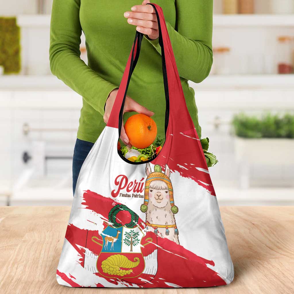 Fiestas Patrias de Peru Grocery Bag Coat Of Arms With Cute Alpaca Face