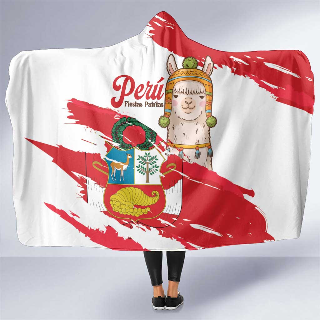 Fiestas Patrias de Peru Hooded Blanket Coat Of Arms With Cute Alpaca Face