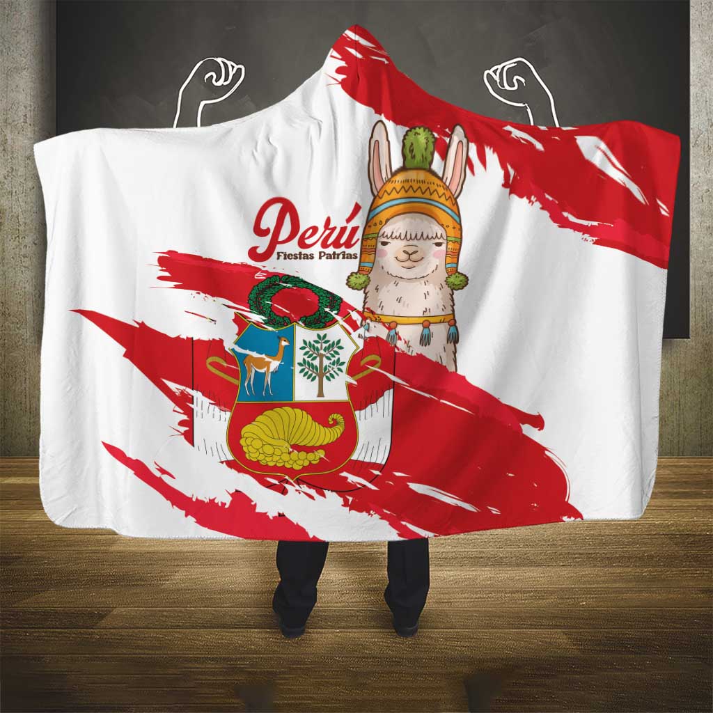 Fiestas Patrias de Peru Hooded Blanket Coat Of Arms With Cute Alpaca Face