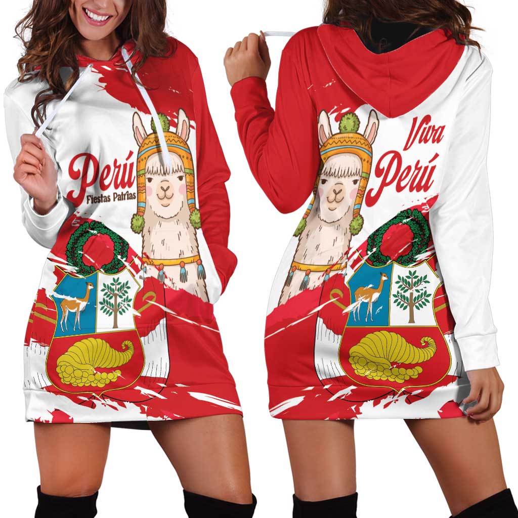 Fiestas Patrias de Peru Hoodie Dress Coat Of Arms With Cute Alpaca Face