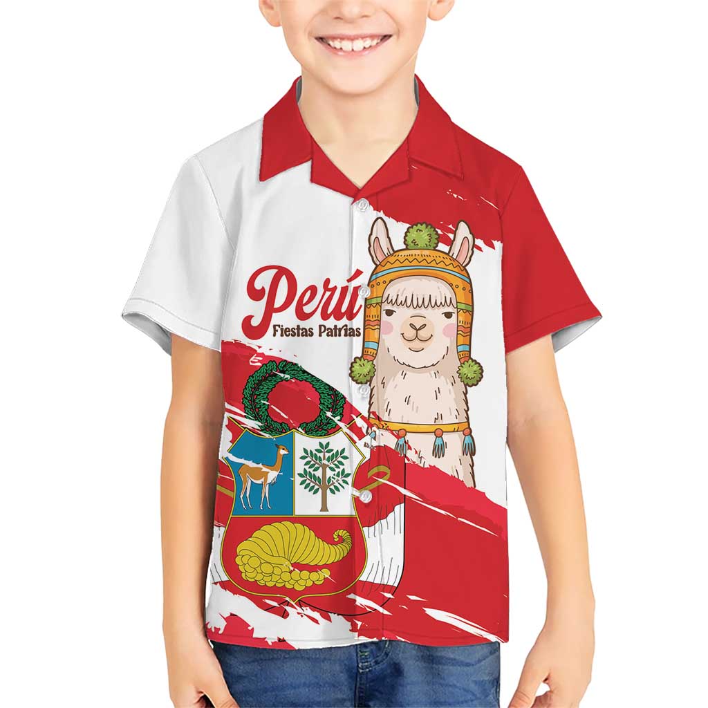 Fiestas Patrias de Peru Kid Hawaiian Shirt Coat Of Arms With Cute Alpaca Face