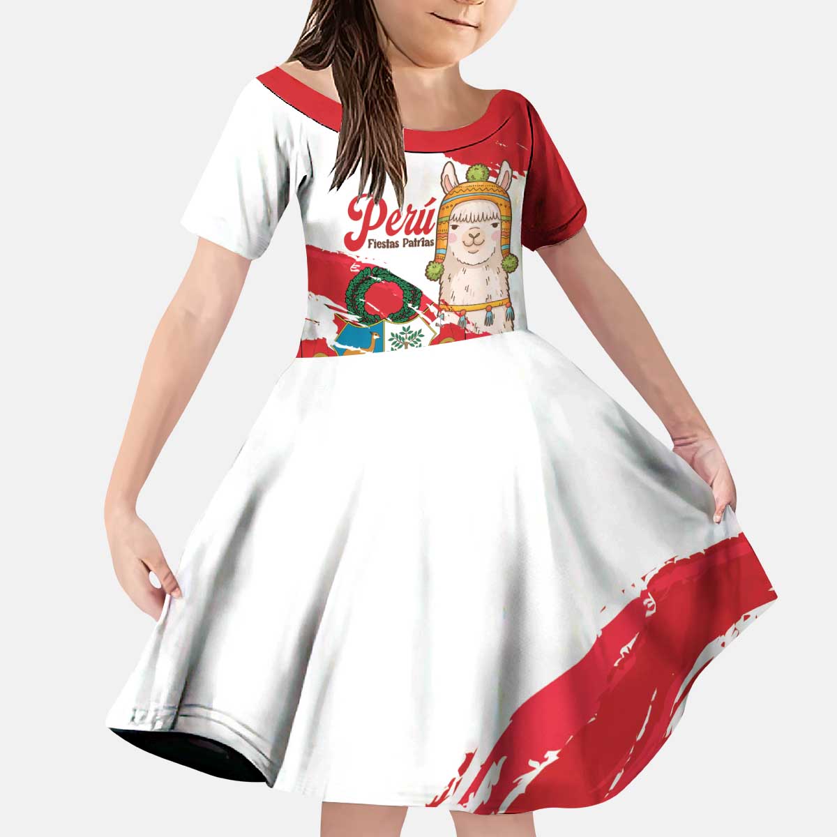 Fiestas Patrias de Peru Kid Short Sleeve Dress Coat Of Arms With Cute Alpaca Face