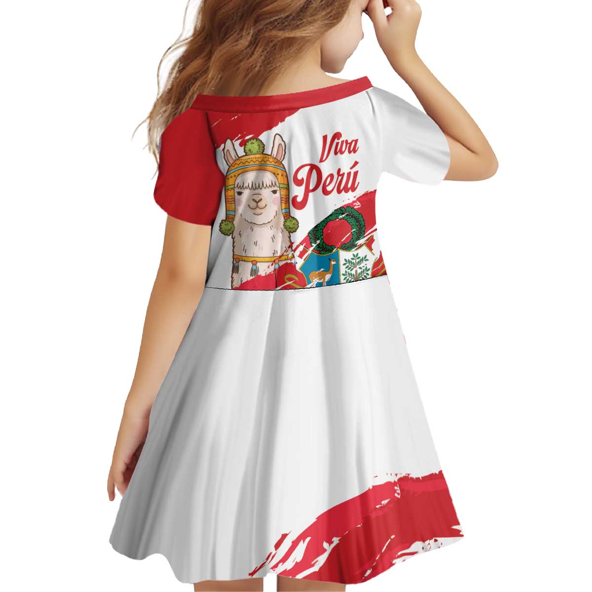 Fiestas Patrias de Peru Kid Short Sleeve Dress Coat Of Arms With Cute Alpaca Face