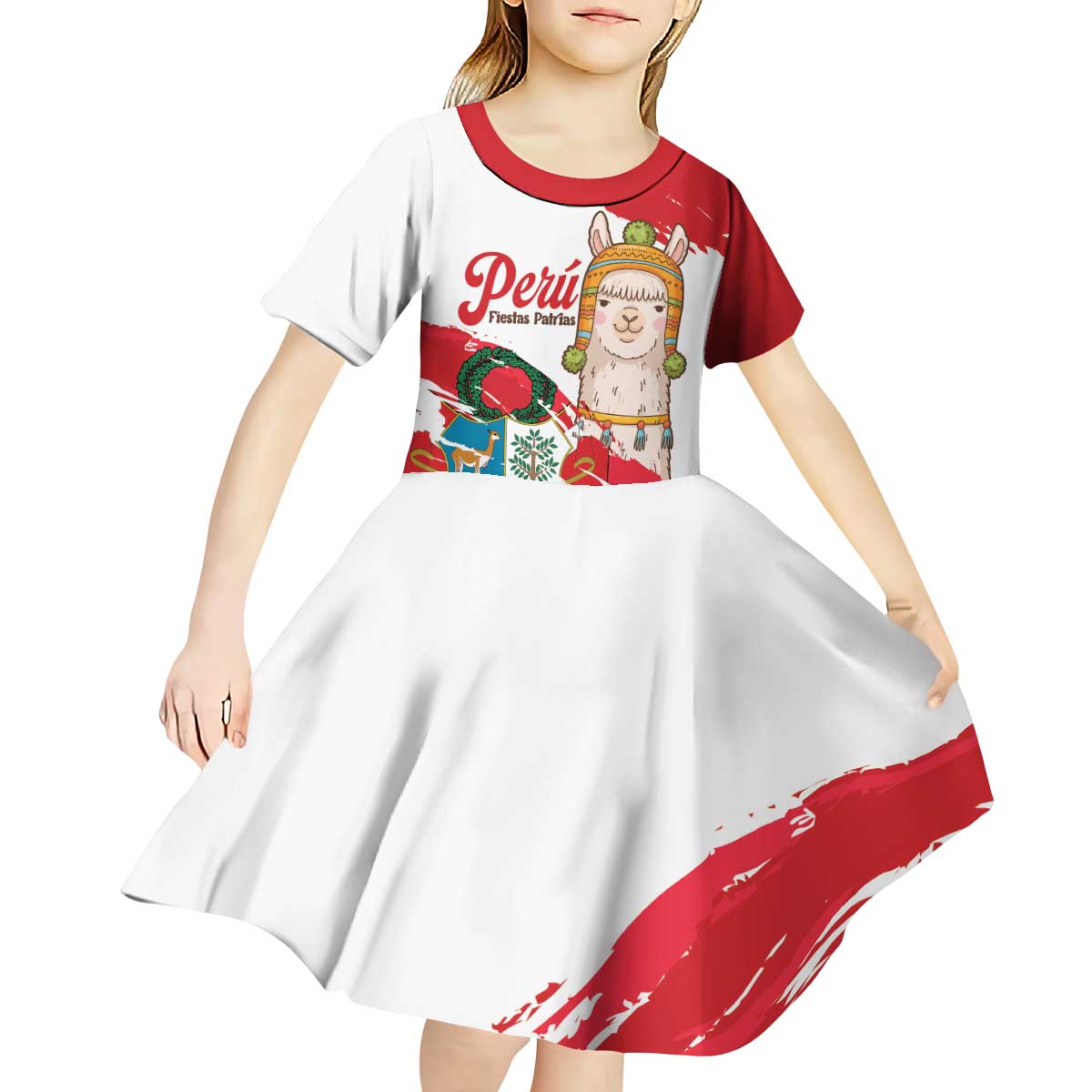 Fiestas Patrias de Peru Kid Short Sleeve Dress Coat Of Arms With Cute Alpaca Face