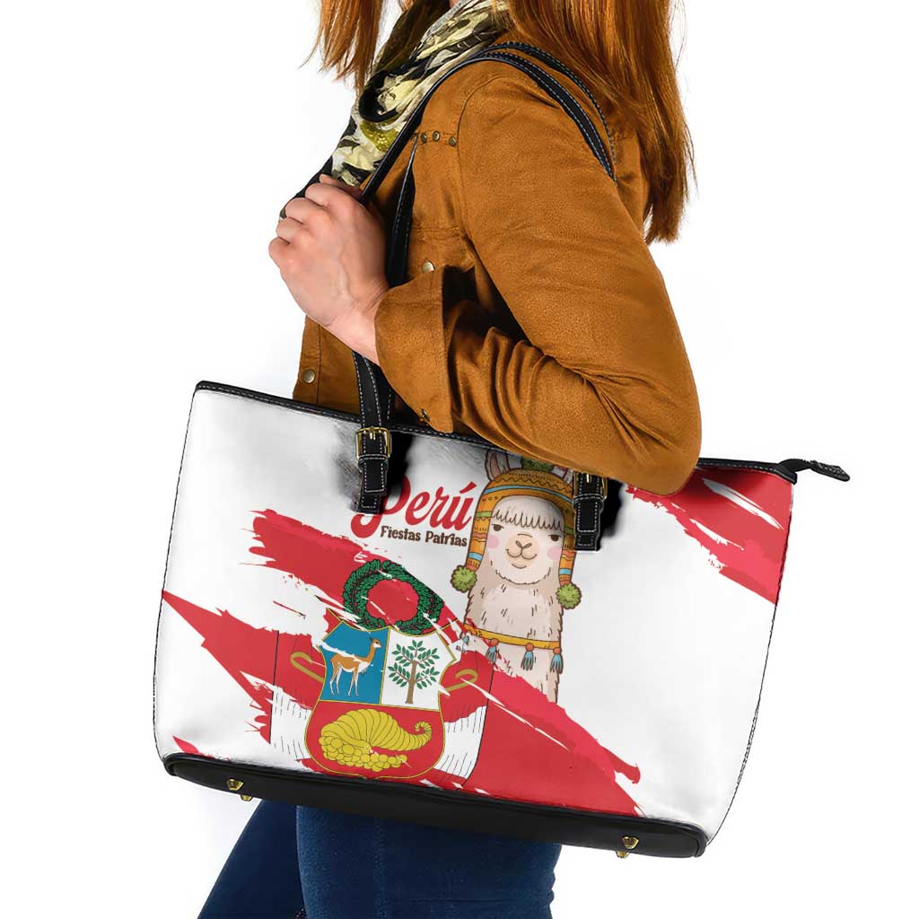 Fiestas Patrias de Peru Leather Tote Bag Coat Of Arms With Cute Alpaca Face