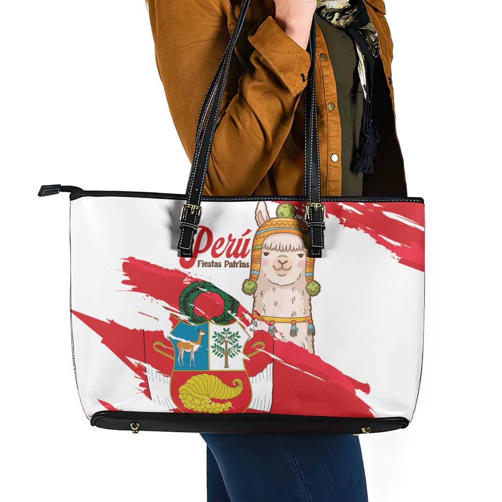 Fiestas Patrias de Peru Leather Tote Bag Coat Of Arms With Cute Alpaca Face