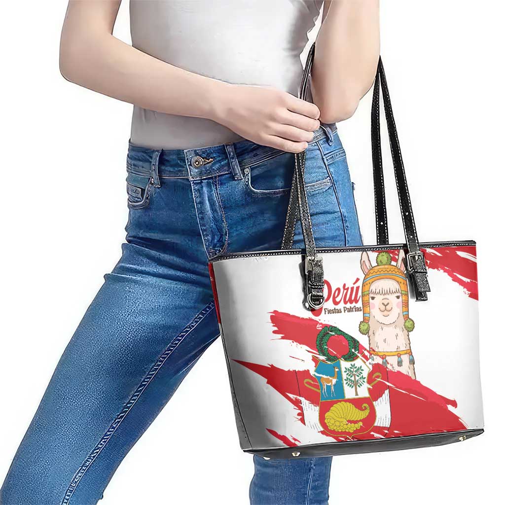 Fiestas Patrias de Peru Leather Tote Bag Coat Of Arms With Cute Alpaca Face