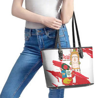Fiestas Patrias de Peru Leather Tote Bag Coat Of Arms With Cute Alpaca Face