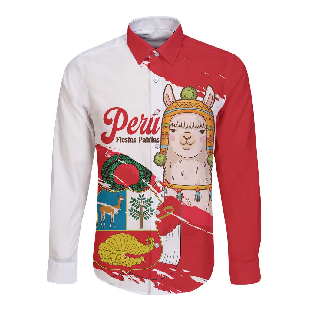 Fiestas Patrias de Peru Long Sleeve Button Shirt Coat Of Arms With Cute Alpaca Face
