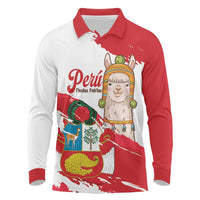 Fiestas Patrias de Peru Long Sleeve Polo Shirt Coat Of Arms With Cute Alpaca Face
