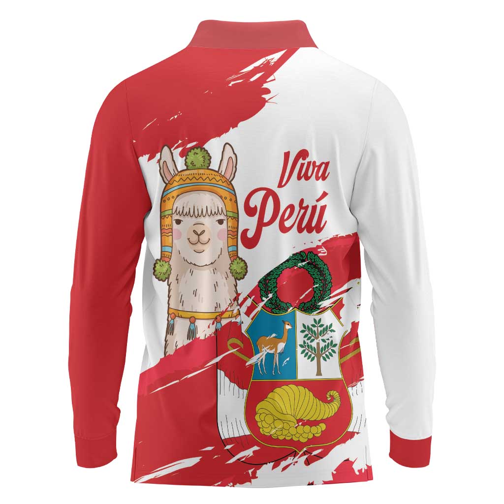 Fiestas Patrias de Peru Long Sleeve Polo Shirt Coat Of Arms With Cute Alpaca Face