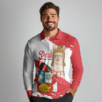 Fiestas Patrias de Peru Long Sleeve Polo Shirt Coat Of Arms With Cute Alpaca Face
