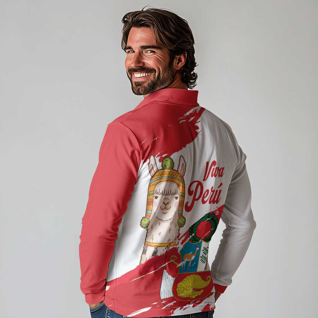 Fiestas Patrias de Peru Long Sleeve Polo Shirt Coat Of Arms With Cute Alpaca Face
