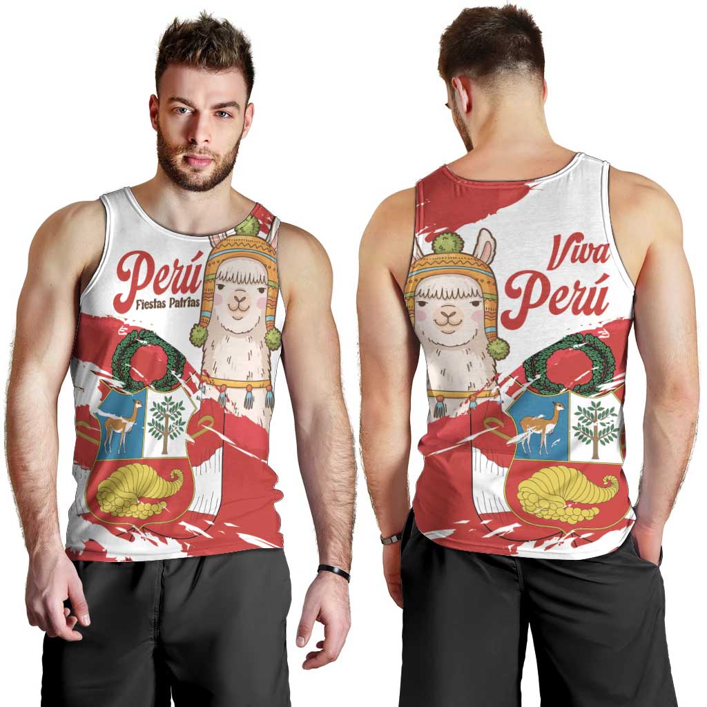 Fiestas Patrias de Peru Men Tank Top Coat Of Arms With Cute Alpaca Face