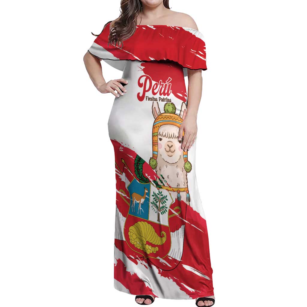 Fiestas Patrias de Peru Off Shoulder Maxi Dress Coat Of Arms With Cute Alpaca Face