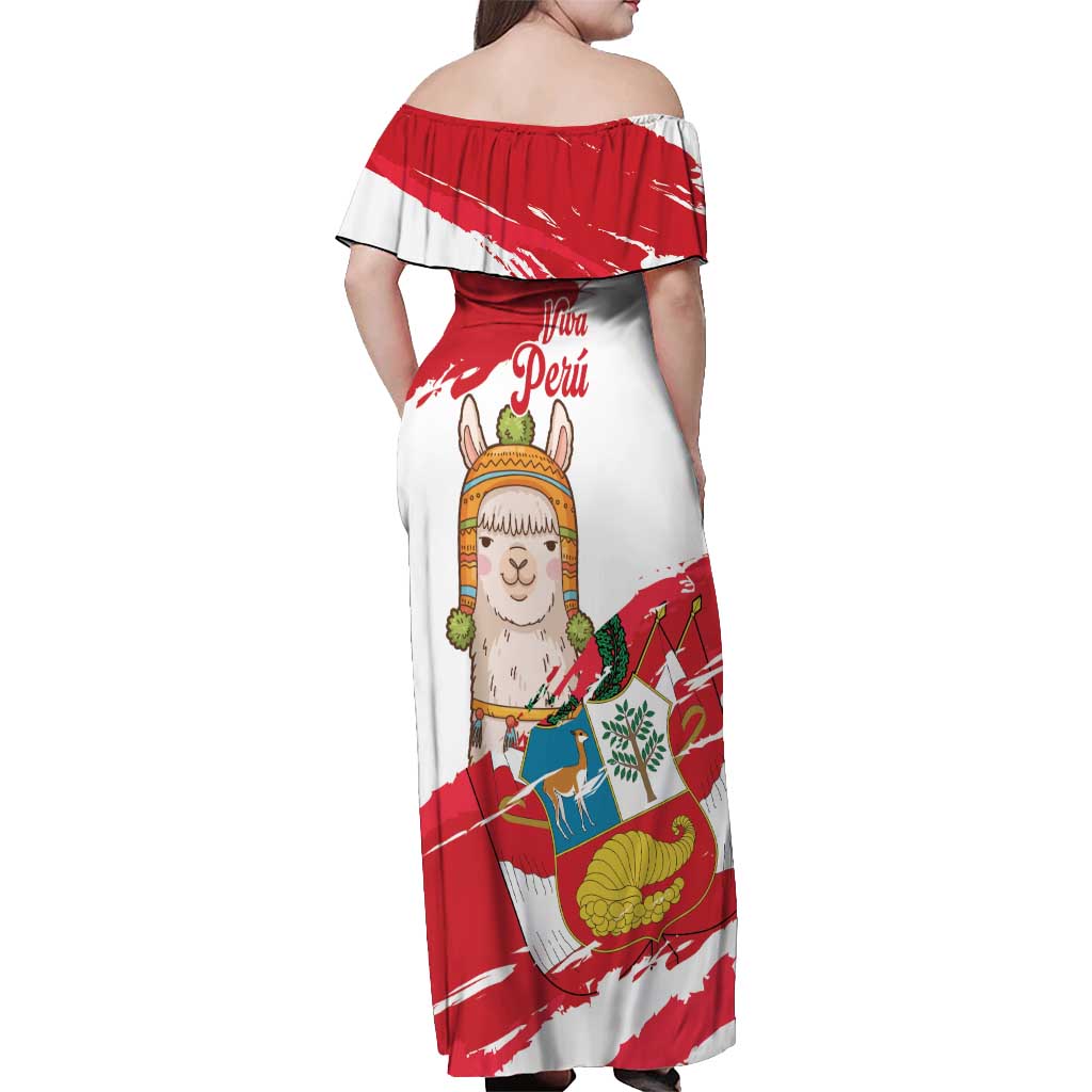 Fiestas Patrias de Peru Off Shoulder Maxi Dress Coat Of Arms With Cute Alpaca Face