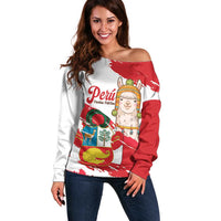 Fiestas Patrias de Peru Off Shoulder Sweater Coat Of Arms With Cute Alpaca Face