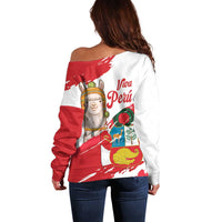 Fiestas Patrias de Peru Off Shoulder Sweater Coat Of Arms With Cute Alpaca Face